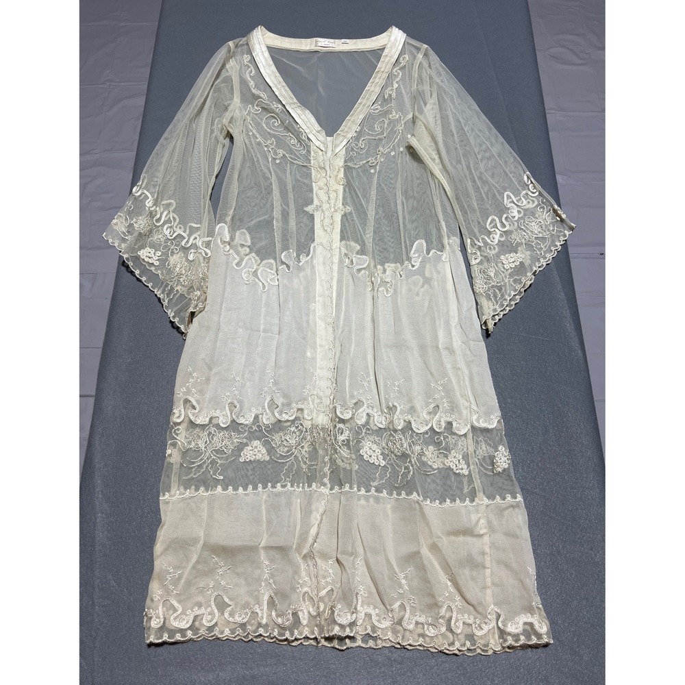 Age of Love by Nataya Cream Sheer Mesh Embroidered Beaded Duster Cardigan Large